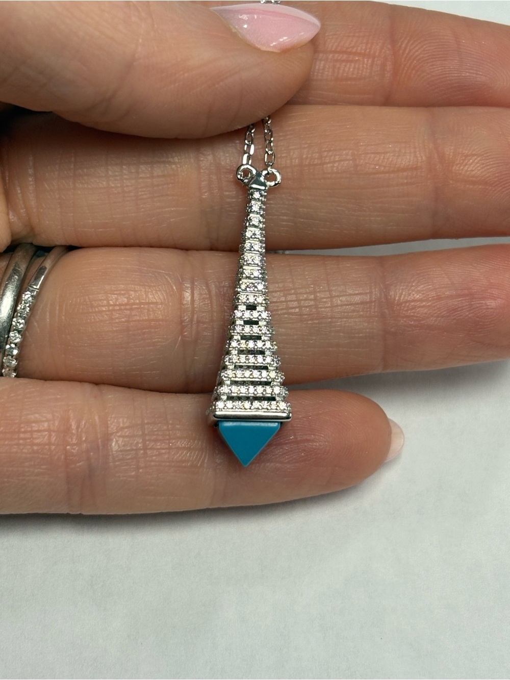 Suzy Levian Sterling Silver White CZ Pyramid Necklace- Turquoise